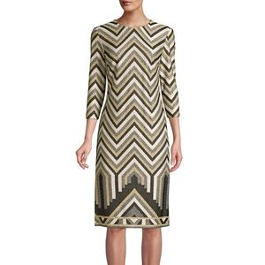 Trina Turk Gold and Black Sheath Dress 3/4 Sleeve Crew Neck